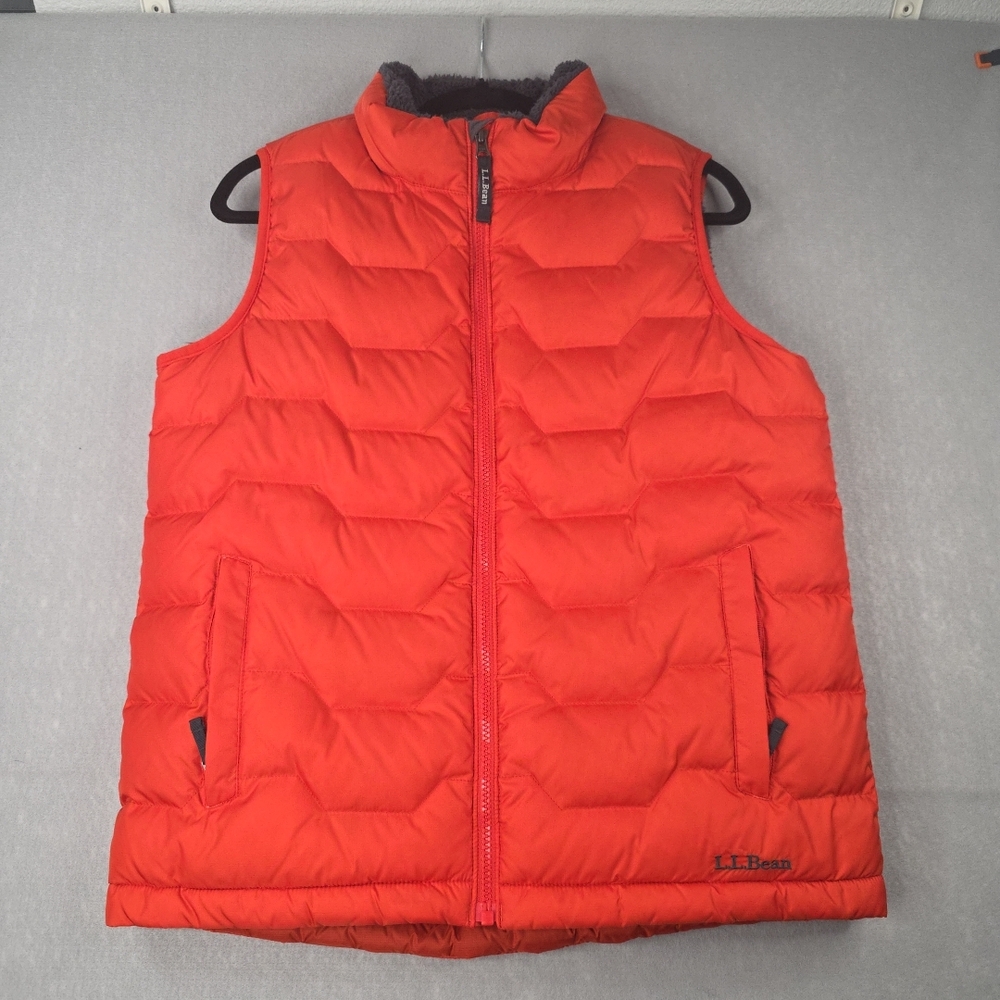 LL Bean Fleece Lined Puffer Vest With Downtek Boys Sz L 14-16 Orange/Grey